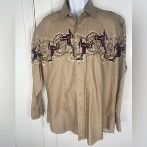 Panhandle Slim Men's Taupe Western Shirt w Wagon Wheel & Saddle Design